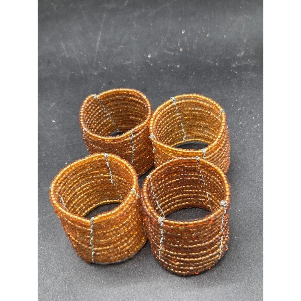 Lot Of 4 Gold Amber Beaded Napkin Rings